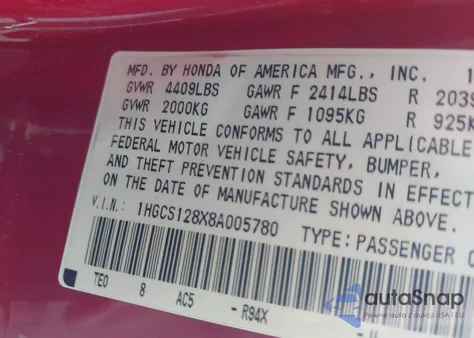 2008 Honda Accord 2.4 Ex-L z USA, uszkodzony, nr VIN 1HGCS128X8A005780